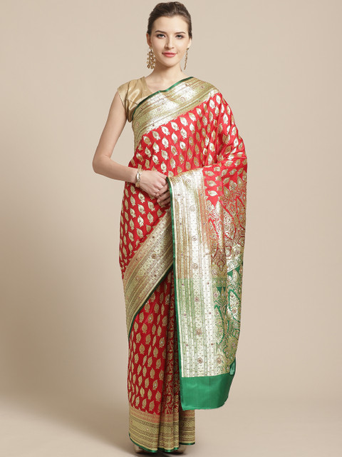 

BANARASI SILK WORKS Red & Golden Zari Woven Design Banarasi Saree