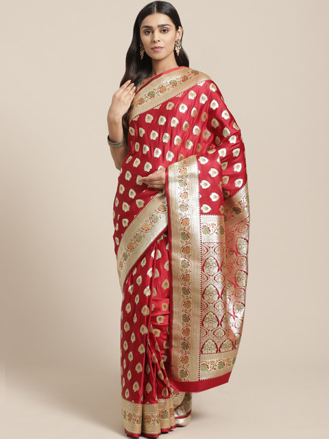 

BANARASI SILK WORKS Maroon & Golden Pure Silk Zari Woven Design Banarasi Saree