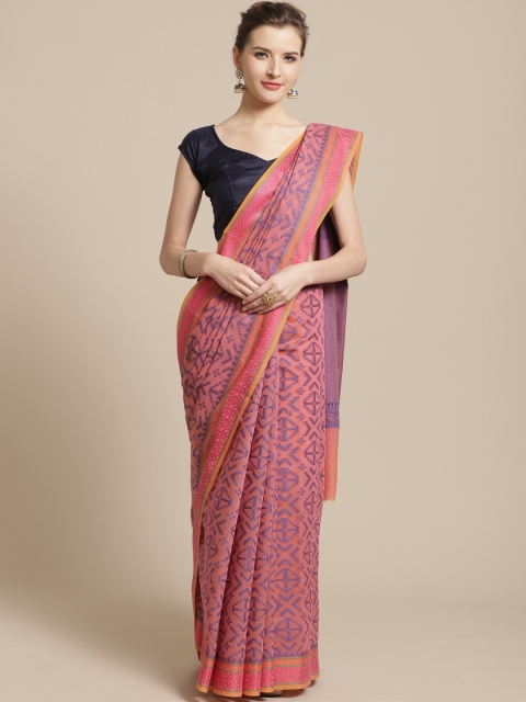 

BANARASI SILK WORKS Pink & Blue Woven Design Banarasi Saree