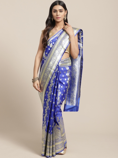 

BANARASI SILK WORKS Blue & Silver Pure Silk Woven Design Banarasi Saree