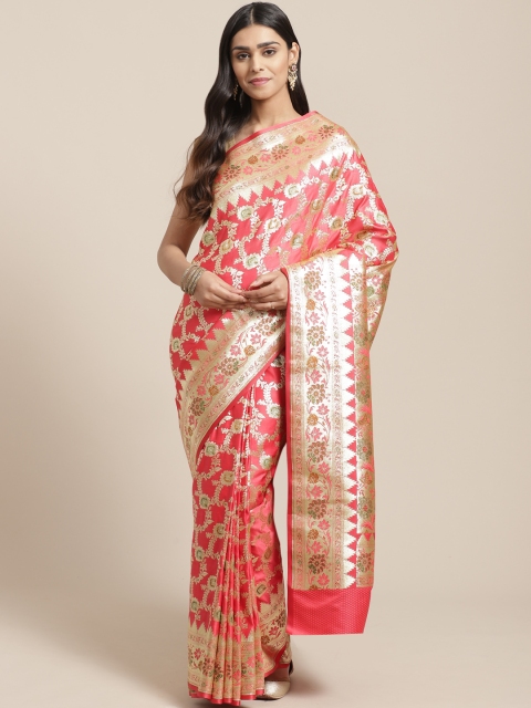 

BANARASI SILK WORKS Coral Red & Golden Pure Silk Zari Woven Design Banarasi Saree