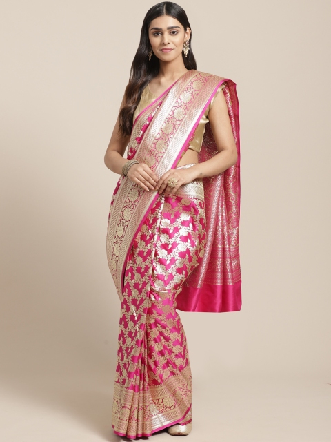 

BANARASI SILK WORKS Pink & Golden Pure Silk Ethnic Woven Design Banarasi Saree