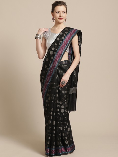 

BANARASI SILK WORKS Black & Golden Woven Design Banarasi Saree
