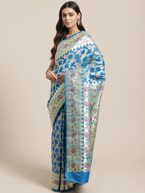 

BANARASI SILK WORKS Blue & Golden Pure Silk Woven Design Banarasi Saree