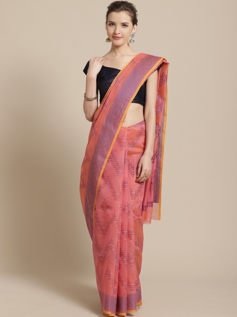 

BANARASI SILK WORKS Coral Pink & Blue Chevron Woven Design Banarasi Saree