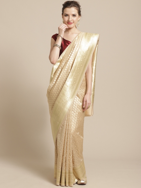 

BANARASI SILK WORKS Beige & Golden Zari Woven Design Banarasi Saree