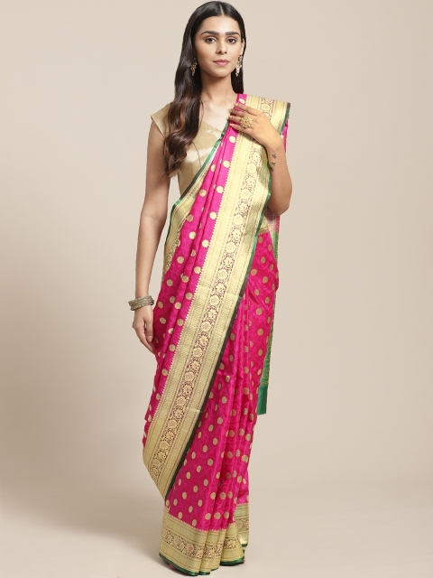 

BANARASI SILK WORKS Pink & Golden Satin Ethnic Woven Design Banarasi Saree