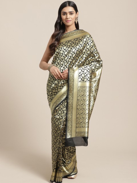 

BANARASI SILK WORKS Black & Golden Woven Design Banarasi Saree