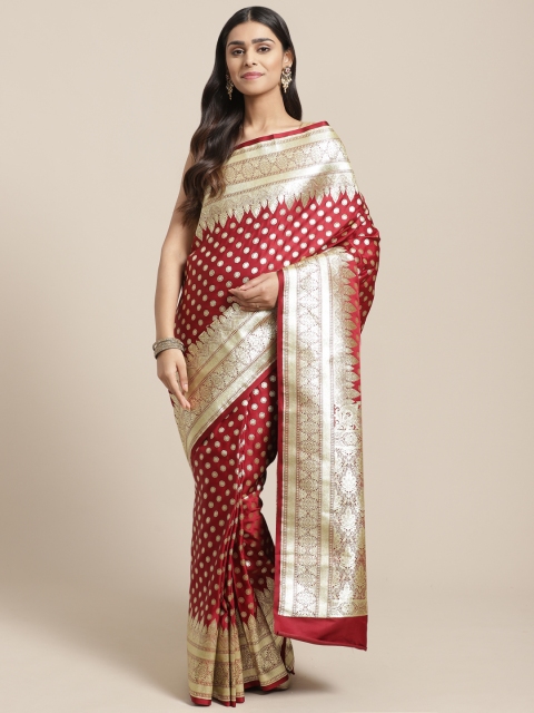 

BANARASI SILK WORKS Maroon & Golden Pure Silk Woven Design Banarasi Saree