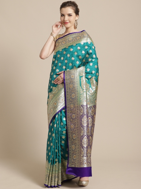 

BANARASI SILK WORKS Teal Green & Golden Satin Woven Design Banarasi Saree