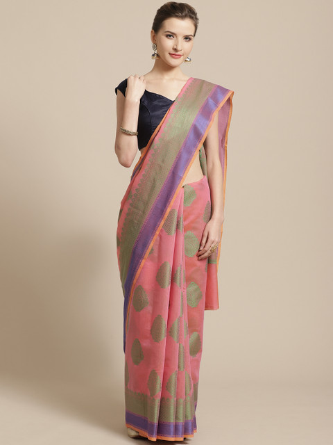 

BANARASI SILK WORKS Pink & Green Woven Design Banarasi Saree