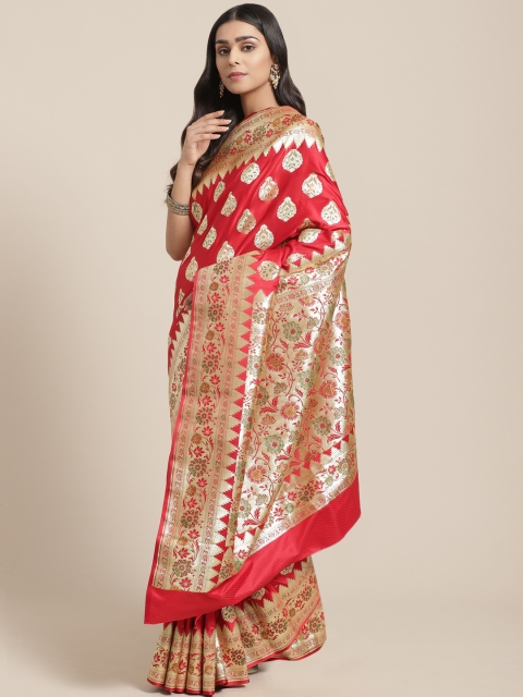 

BANARASI SILK WORKS Red & Golden Pure Silk Zari Woven Design Banarasi Saree