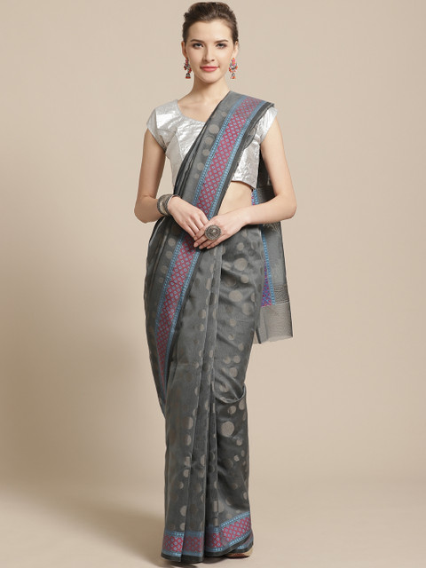 

BANARASI SILK WORKS Charcoal Grey Woven Design Banarasi Saree