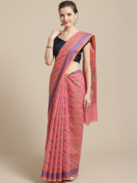 

BANARASI SILK WORKS Pink & Green Woven Design Banarasi Saree