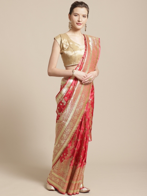

BANARASI SILK WORKS Coral Red & Golden Pure Silk Zari Woven Design Banarasi Saree