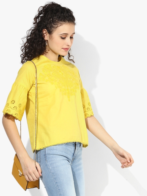 

MIAMINX Women Yellow Schiffli Embroidered Detail Boxy Pure Cotton Top