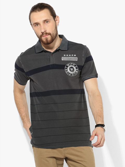 

YWC Men Charcoal Grey Striped Polo T-Shirt