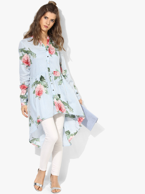 

MIAMINX Women Blue & Pink Floral Print High-Low Tunic