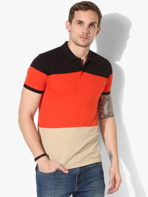 

United Colors of Benetton Men Orange & Beige Colourblocked Polo Collar T-Shirt