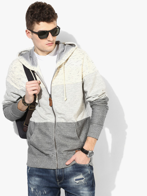 

Voi Jeans Men Grey Colourblocked Hooded Sweatshirt