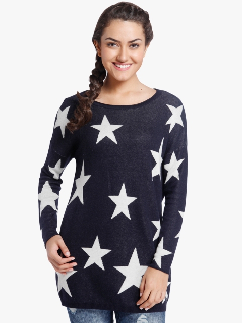 

ONLY Women Navy Blue & White Star Pattern Longline Sweater