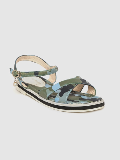 

Wet Blue Women Olive & Blue Camouflage Print Open Toe Flats