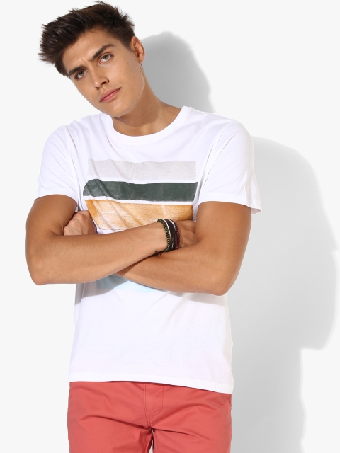 

SELECTED Men White Printed Round Neck T-Shirt