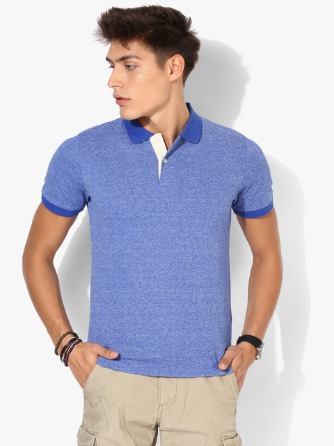 

SELECTED Men Blue Grindle Effect Slim Polo Collar T-shirt