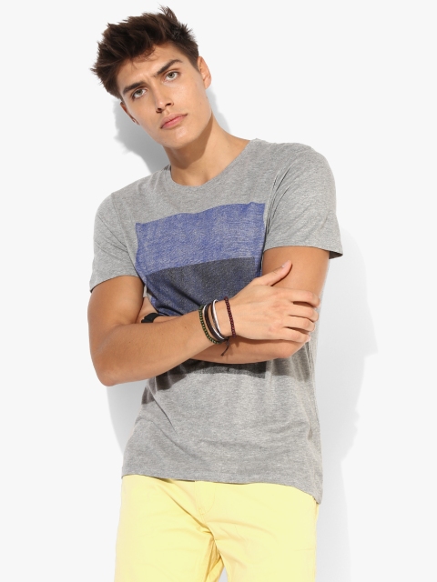 

SELECTED Men Grey Melange & Blue Printed Round Neck T-shirt