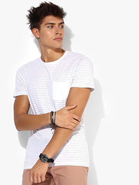 

SELECTED Men White & Grey Striped Slim Fit Round Neck T-Shirt