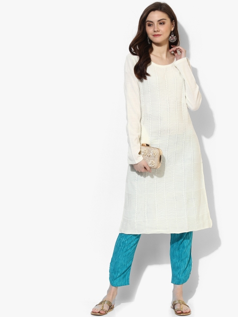 

RANGMANCH BY PANTALOONS Women Off-White Self Striped Winter Striaght Kurta