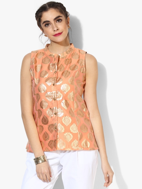 

Indian Ink Women Peach-Coloured & Golden Ethnic Print Top
