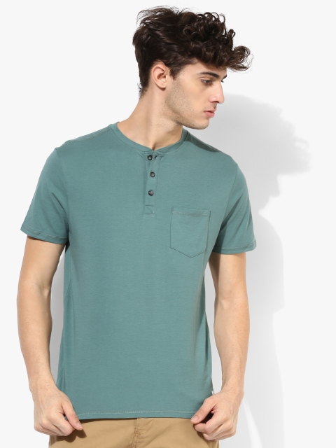 

SELECTED Men Teal Green Solid Henley Neck T-Shirt