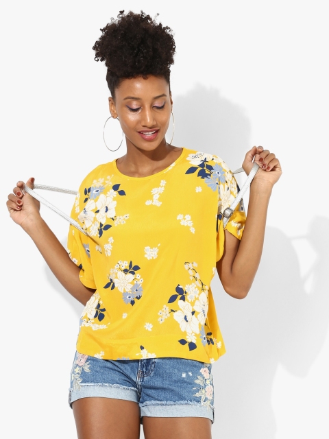 

MIAMINX Women Yellow & White Floral Print Boxy Top