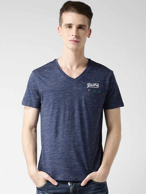 

Metersbonwe Men Blue Printed V-Neck T-shirt