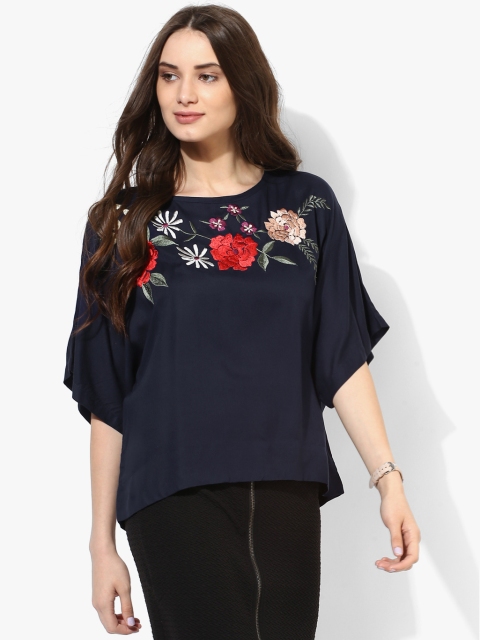 

MIAMINX Women Navy Blue Embroidered Top