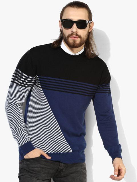 

United Colors of Benetton Men Blue & Black Striped Pullover Sweater