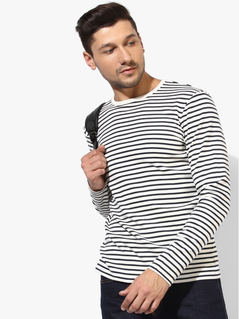 

SELECTED Men White & Black Striped Round Neck T-shirt