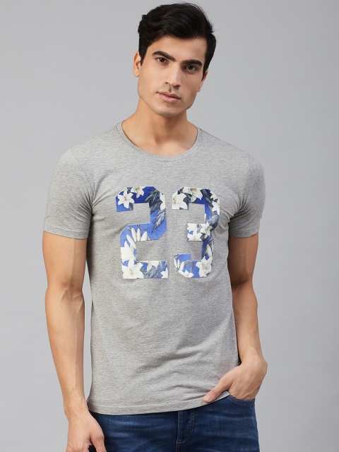 

Metersbonwe Men Grey Melange & Blue Printed Round Neck T-shirt