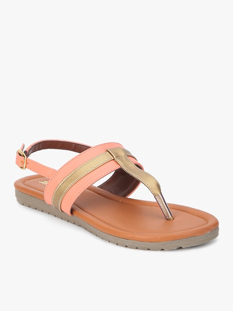 

Bata Women Gold-Toned & Peach-Coloured Colourblocked T-Strap Flats