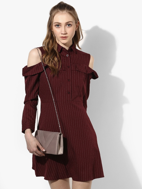 

COVER STORY Women Burgundy Self Striped Mini Shirt Dress