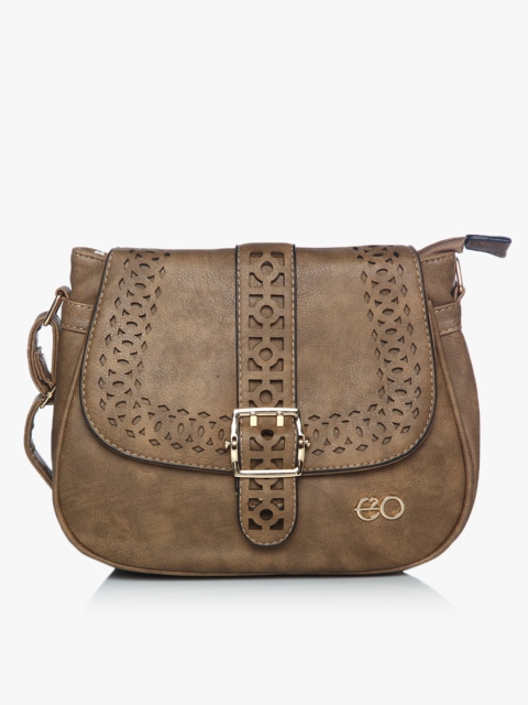 

E2O Women Brown Solid Sling Bag with Cut work Detail