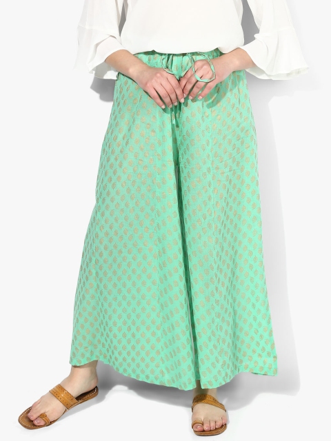 

Ayaany Women Sea Green & Gold-Toned Ethnic Motifs Print Flared Palazzo
