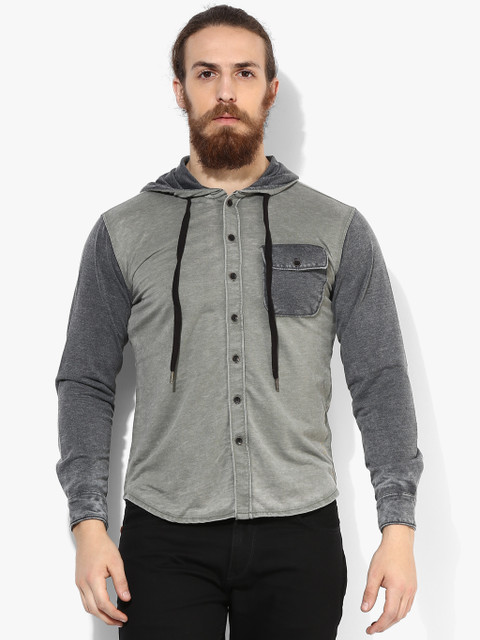 

YWC by Yuvraj Singh Men Grey Solid Hooded Casual Shirt