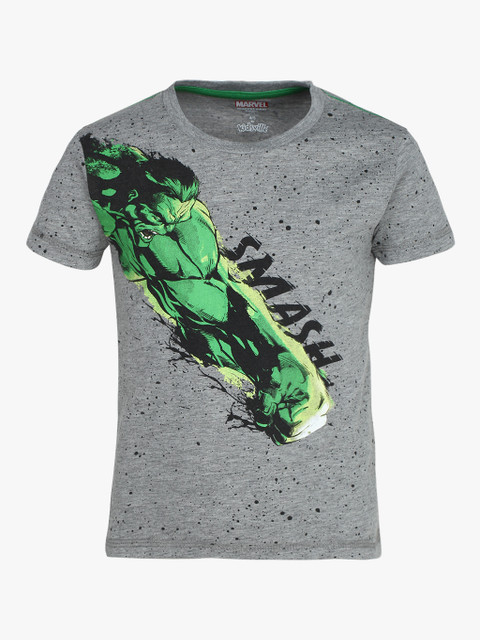 

Kids Ville Boys Grey Melange & Green Avengers Print Round Neck T-shirt