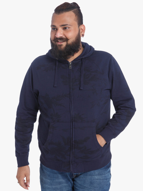 

aLL Plus Size Men Navy Blue Printed Hooded Sweatshirt