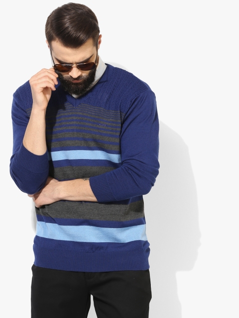 

ColorPlus Men Blue & Charcoal Grey Striped Pullover Sweater