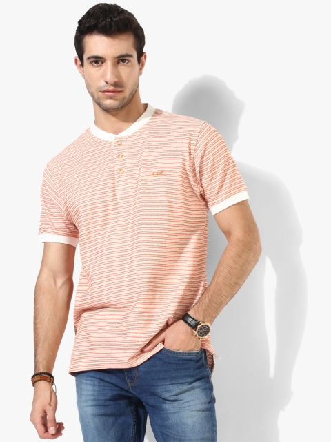 

ColorPlus Men Off-White & Orange Self-Striped Henley Neck T-Shirt