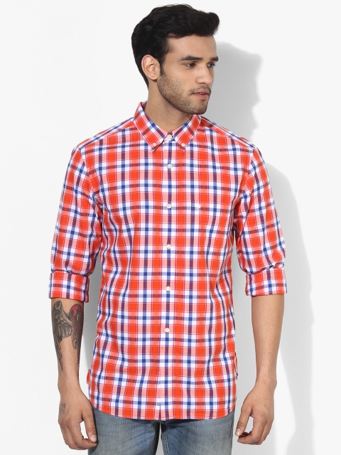 

French Connection Men Orange & Blue Slim Fit Checked Casual Shirt