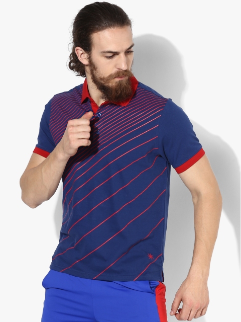 

Zeven Men Navy Blue & Red Striped Polo Collar T-shirt